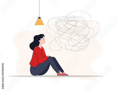 A simple illustration of a woman sitting crossed-legged, appearing thoughtful. The scribbled representation above her expresses mental clutter or emotions. Conceptual art for emotion, introspection
