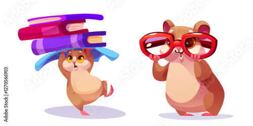 School hamster characters with study items - cheerful rodent carrying stack of colorful books, smiling pet wearing oversized red glasses. Educational mascot illustrations for children learning design.