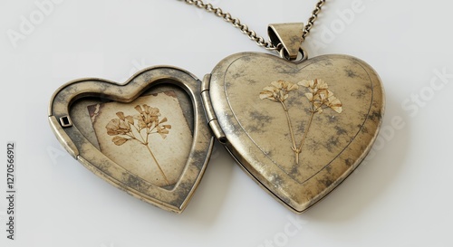 Antique Heart-Shaped Locket Necklace with Dried Flowers: A Vintage Charm
