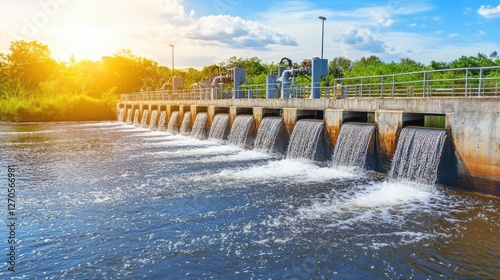 Wallpaper Mural Water Flow Through a Dam at Sunset with Lush Greenery and Blue Sky Background Torontodigital.ca