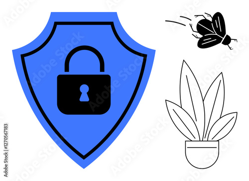 Shield with lock symbol represents security. Bug icon indicates vulnerability, and potted plant symbolizes growth. Ideal for tech security, growth, protection, cybersecurity threats. Abstract line