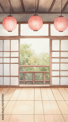 Japanese Interior Watercolor Painting