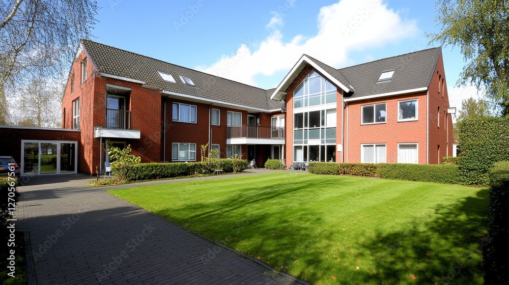 Modern red-brick building with large windows surrounded by green lawns and trees on a sunny day Modern red-brick building with large windows surrounded by green lawns and trees on a sunny day