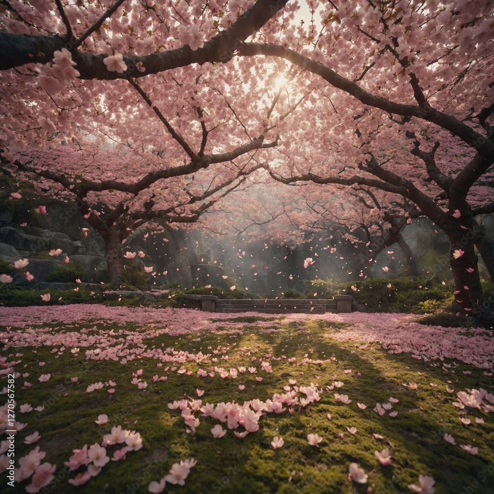 A dreamy cherry blossom garden with pink petals gently falling. A dreamy cherry blossom garden with pink petals gently falling.