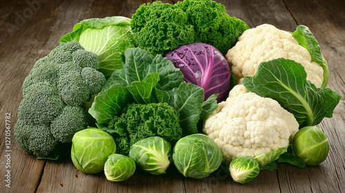 High-resolution macro shot of fresh cruciferous vegetables, including broccoli, cauliflower, Brussels sprouts, kale, and cabbage, arranged on a rustic wooden table with dewdrops.