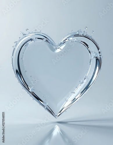 Water icon shaped like a heart with droplets suspended in mid-air, against a light grey background. Represents purity, fluidity, and love.