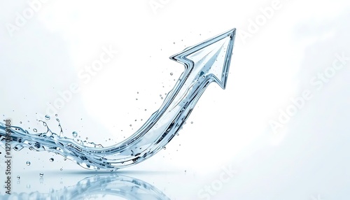 Water arrow icon with a transparent, fluid design, symbolizing growth and progress, set against a light blue background with water droplets