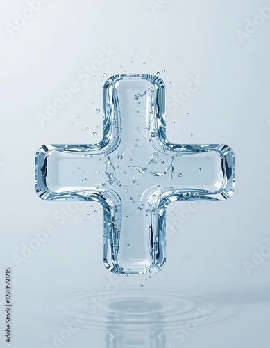 The plus icon is made of water, with water droplets around it. Light blue gradient background. Symbolizes purity, health, and hydration.