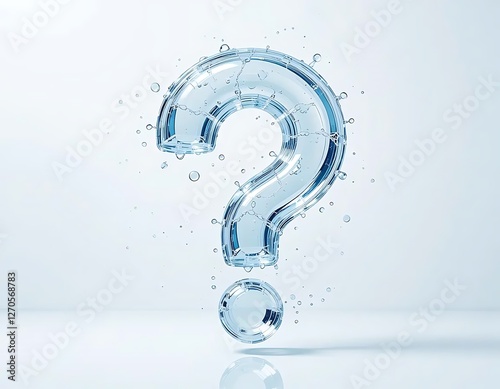 Question mark made of water droplets, symbolizing curiosity and inquiry. Light blue background, creating a clean and modern look