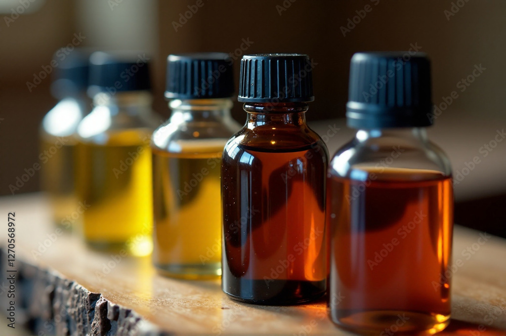 A close-up shot of different fragrance oils, highlighting their various colors and scents. creativity hobby and handicrafts, diy, background for design. A close-up shot of different fragrance oils, highlighting their various colors and scents. creativity hobby and handicrafts, diy, background for design.