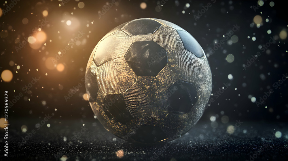 Fototapeta premium Worn soccer ball, night scene, sparkling background, sports imagery