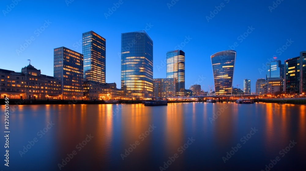 Fototapeta premium Stunning city skyline at dusk with illuminated buildings reflecting in the calm water
