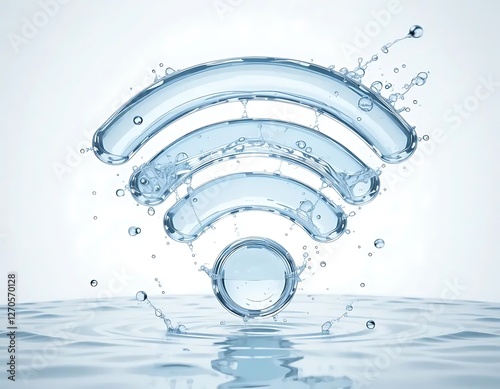 Wi-Fi icon made of water droplets, symbolizing fluid connectivity. Background is a light blue to white gradient, creating a clean and modern look