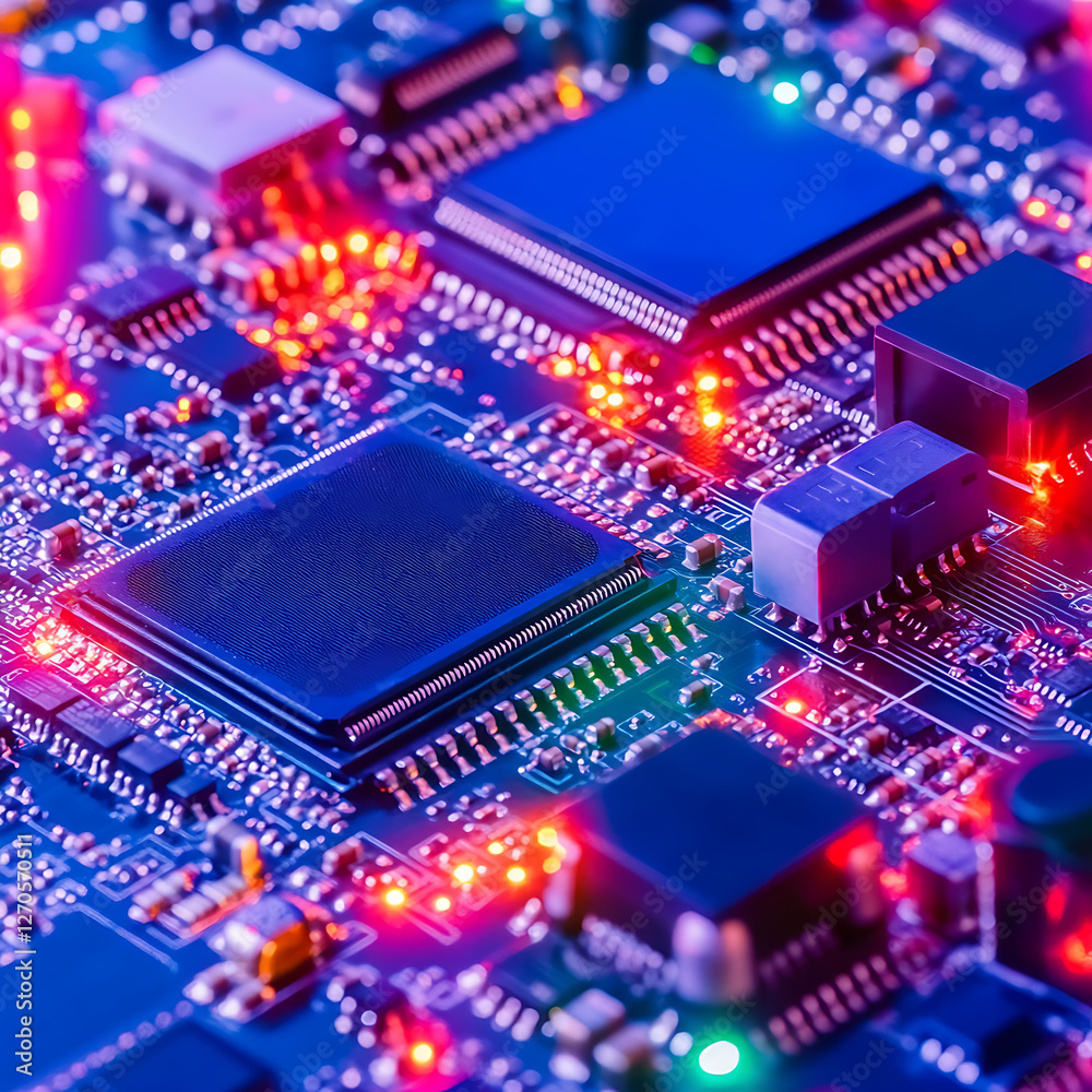 Complex Circuit Board with Integrated Electronic Components and Vibrant LED Illumination Display Complex Circuit Board with Integrated Electronic Components and Vibrant LED Illumination Display