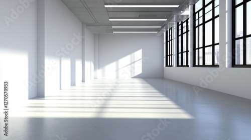 Bright and spacious empty interior with large windows casting shadows on the floor