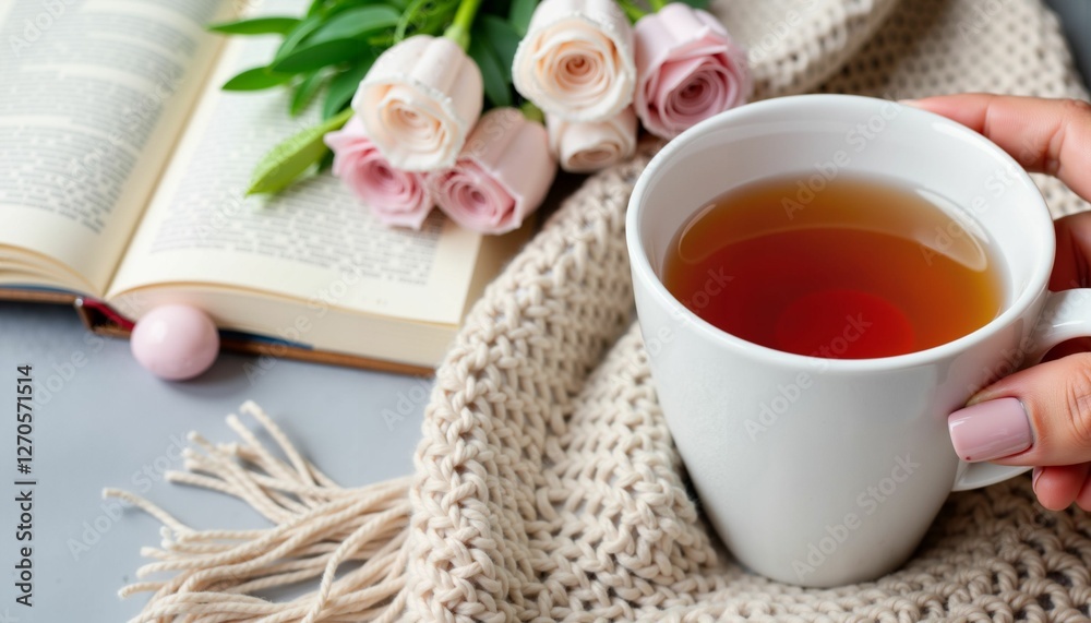 Cozy hand holding cup of tea with book and roses, peaceful morning Cozy hand holding cup of tea with book and roses, peaceful morning