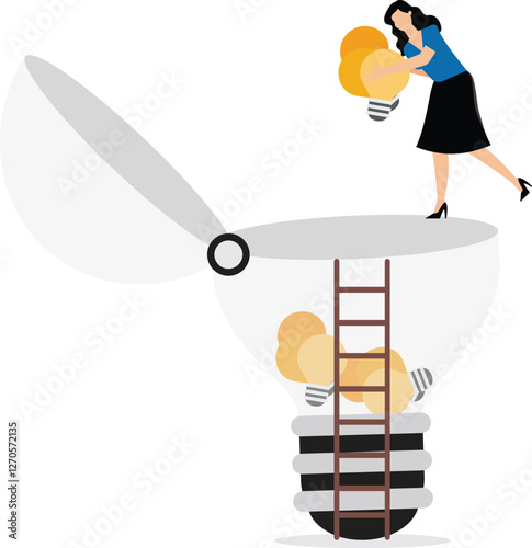 A businesswoman carries many idea lamps to put into bulb. Illustration for creating new ideas, creation and problem solving