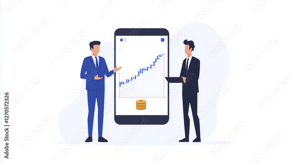 Success in the Palm: Two figures, enraptured, converge around an oversized smartphone, the digital graph pointing up, with coins underneath, symbolizes wealth growth and business success Success in the Palm: Two figures, enraptured, converge around an oversized smartphone, the digital graph pointing up, with coins underneath, symbolizes wealth growth and business success