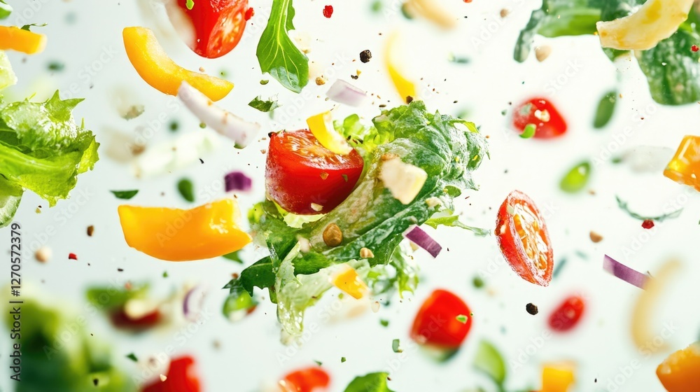 A fresh salad with vibrant colors and a variety of vegetables, herbs, and seasonings. A fresh salad with vibrant colors and a variety of vegetables, herbs, and seasonings.