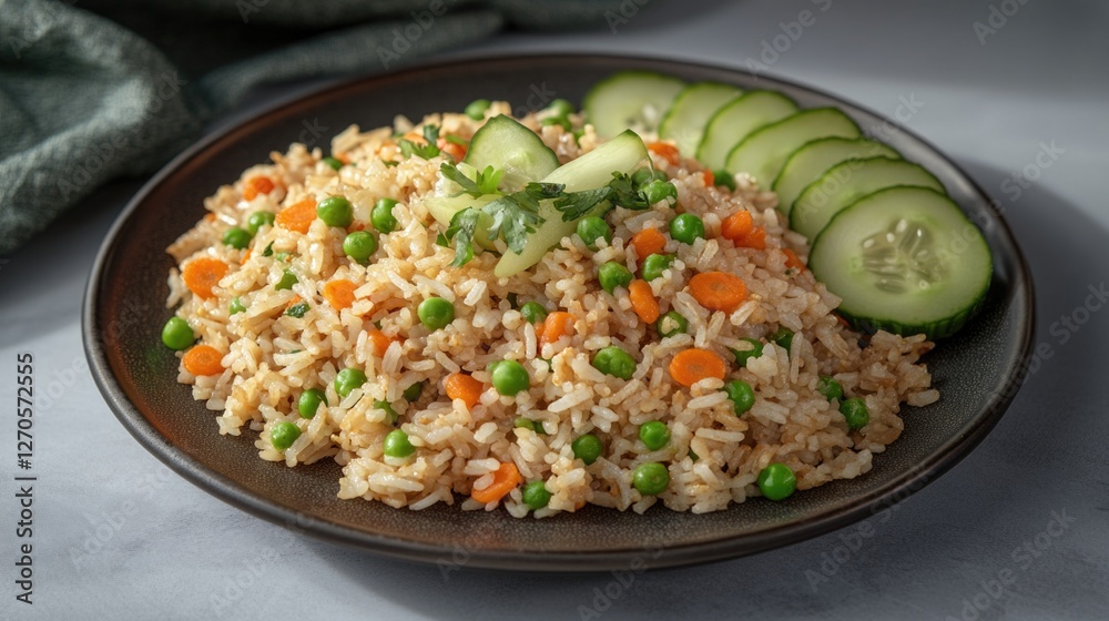 Closeup of a vegetable fried rice dish with peas and carrots, served on a plate with fresh cucumber slices. A healthy, well-balanced meal option for lunch or dinner. Closeup of a vegetable fried rice dish with peas and carrots, served on a plate with fresh cucumber slices. A healthy, well-balanced meal option for lunch or dinner.