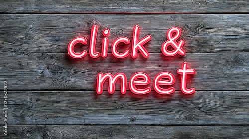 Red Neon 'Click Meet' Sign on Wood