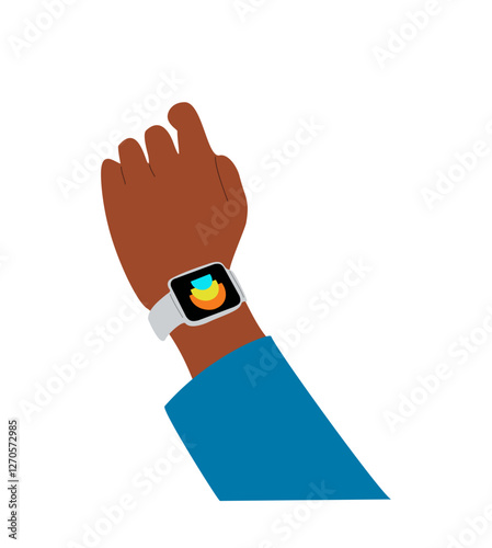 Male hand wearing smart watch on wrist. Modern technology concept. Vector colorful illustration isolated
