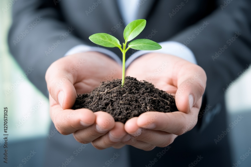 Businessman holding seedling in hands, office background, growth concept, possible use stock photo Businessman holding seedling in hands, office background, growth concept, possible use stock photo