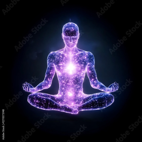 Cosmic Meditation Figure Glowing in Dark Serenity Human Silhouette Starry Universe Visualization