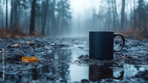 Foggy forest path, muddy puddle, coffee mug photo