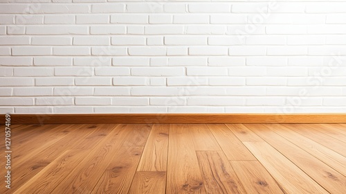 Bright, minimalist interior showcasing a wooden floor and white brick wall, ideal for modern decor