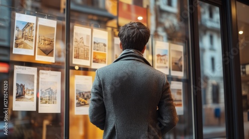 Man Looking At Real Estate Listings In A Shop Window. Thinking About Buying A New House, Or Investing In Property.
