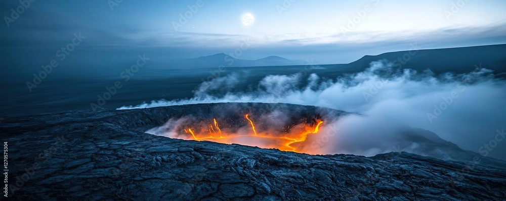 Fototapeta premium Volcanic landscapes concept. A captivating view of an active volcano with glowing lava and smoke under a twilight sky.