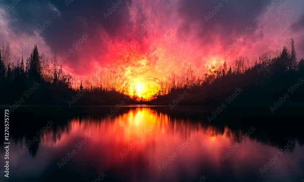 Vibrant sunset over a tranquil lake, reflecting colorful clouds and silhouetted trees Vibrant sunset over a tranquil lake, reflecting colorful clouds and silhouetted trees