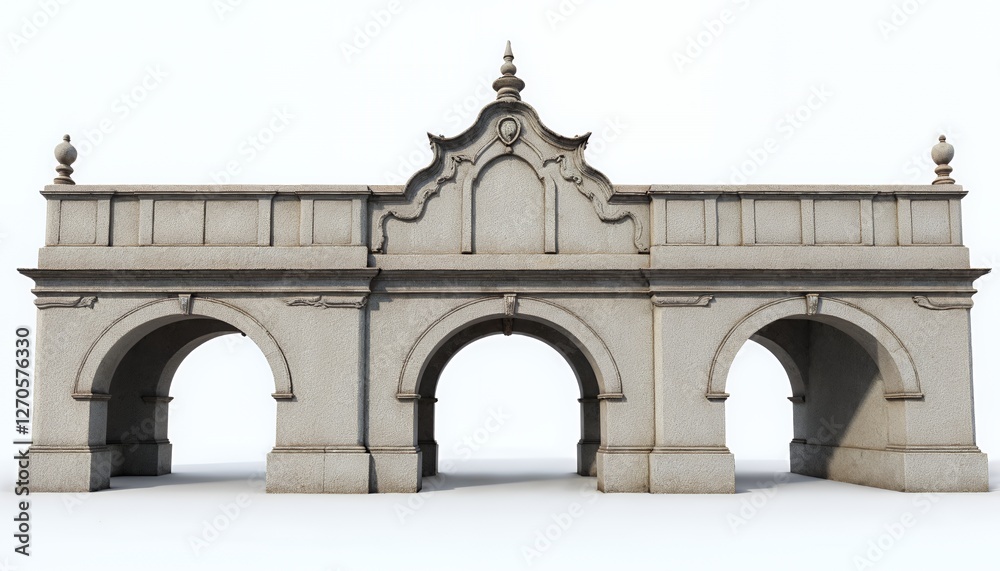 Detailed Stone Arch Bridge Render: Weathered Texture and Intricate Carvings Against White Background Detailed Stone Arch Bridge Render: Weathered Texture and Intricate Carvings Against White Background