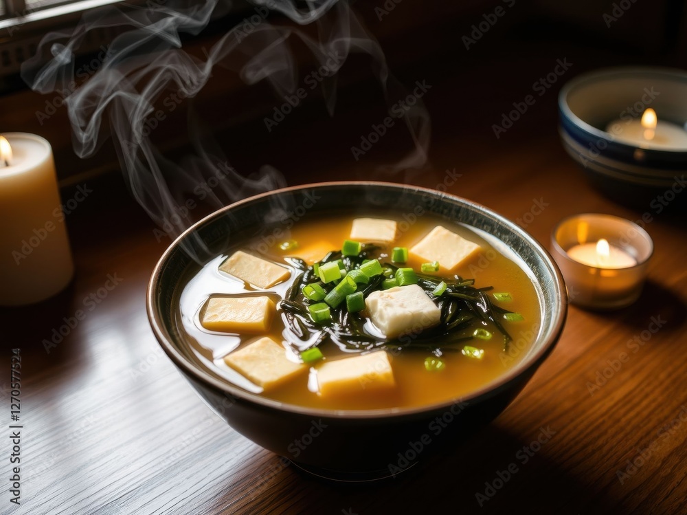 Steaming Bowl of Miso Soup with Tofu and Seaweed Steaming Bowl of Miso Soup with Tofu and Seaweed