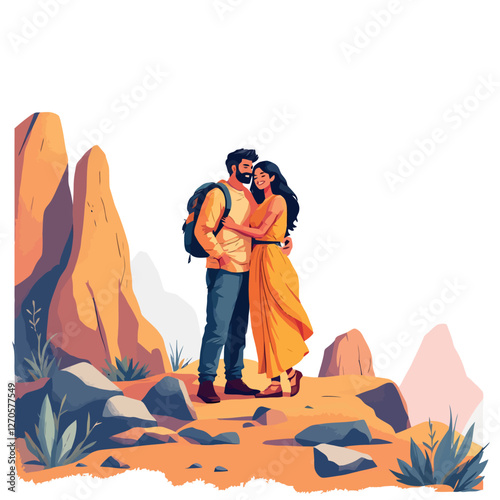 Hikers couple embracing on mountain peak enjoying scenic view