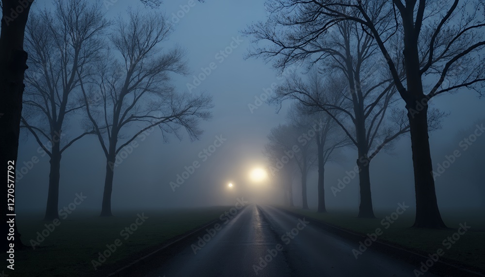 Fototapeta premium Misty Night Road: Dark Blue Evening with Illuminated Path and Bare Trees