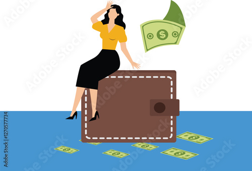 A businesswoman sits depressed on coins near a wallet with money flying out. Illustration of overspending, big spending, excessive shopping