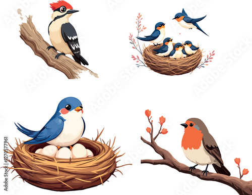 Vsai illustrative birds on branches and nests with eggs