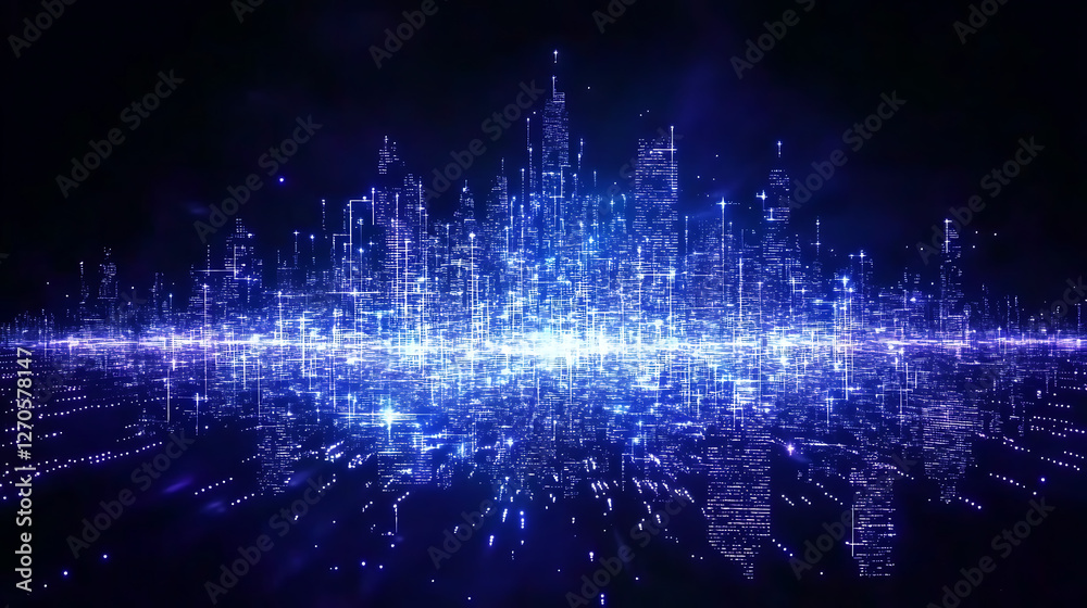 Fototapeta premium Cyberpunk Cityscape Digital Data Flow Futuristic Technological Network Illuminated Night Scene