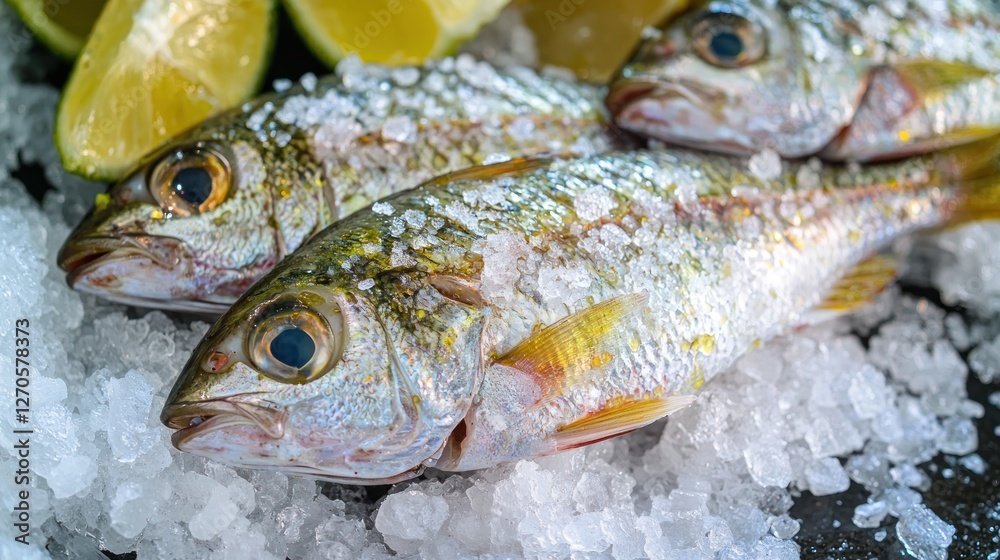 Fresh yellowtail fish displayed on bed of ice with limes Fresh yellowtail fish displayed on bed of ice with limes