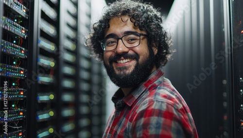 Data center scene with a cheerful network engineer ensuring system reliability.