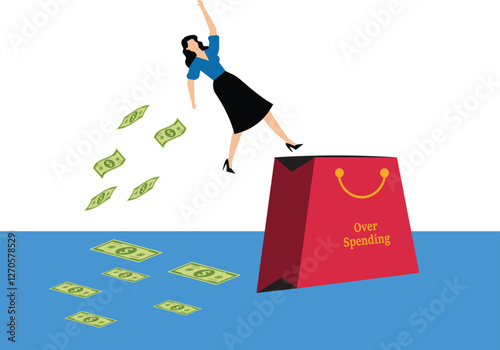 A businesswoman jumps over a large shopping bag and money scatters behind him. Illustration of overspending, big spending, too much shopping