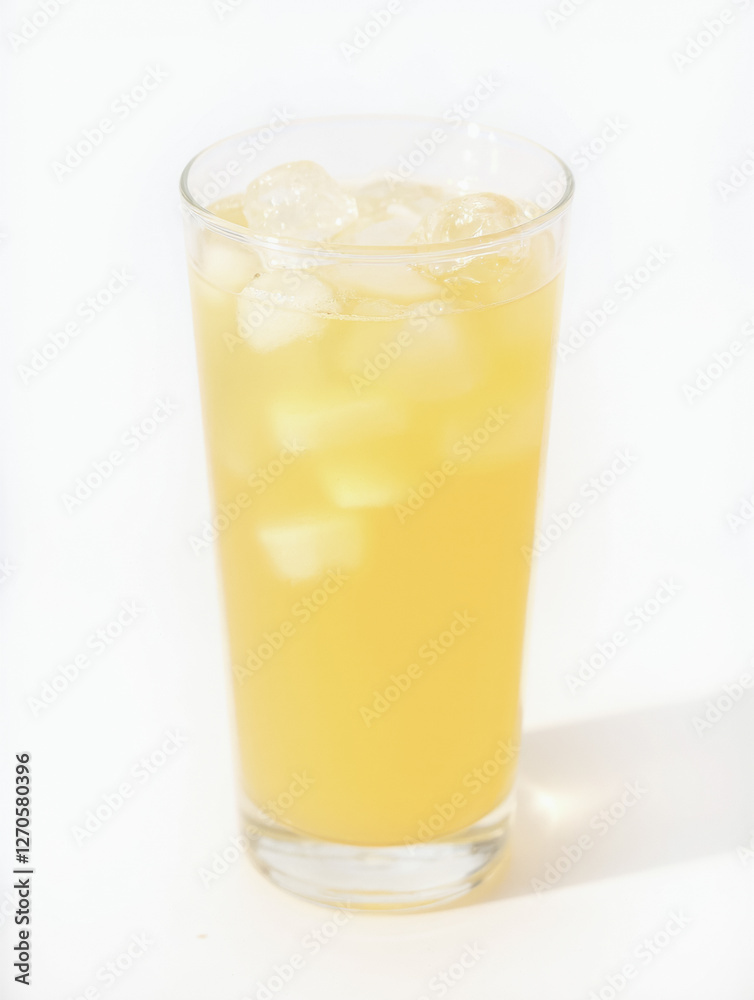 Refreshing iced lemonade in tall glass with ice cubes on white background Refreshing iced lemonade in tall glass with ice cubes on white background