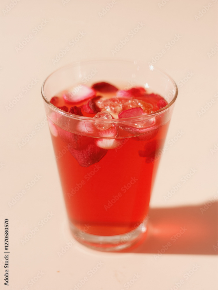 Refreshing iced hibiscus tea with rose petals in a clear glass Refreshing iced hibiscus tea with rose petals in a clear glass