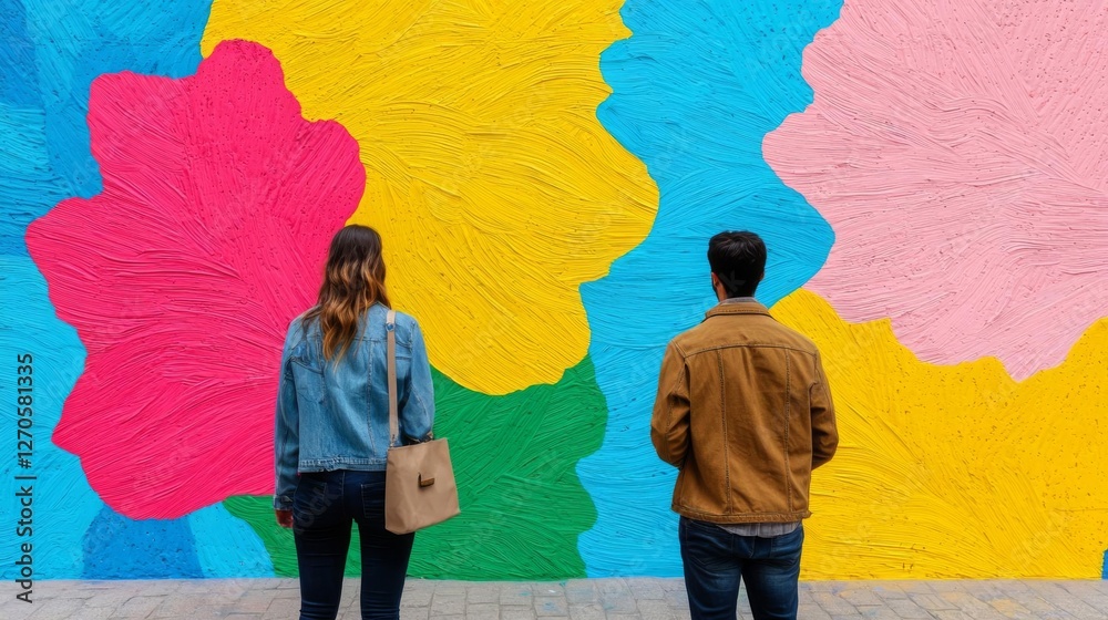 Obraz premium Two people admire a vibrant mural filled with colorful abstract shapes.