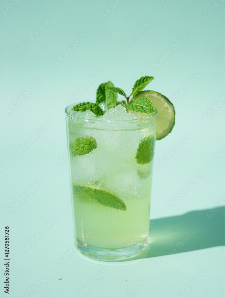 Refreshing mint lime mojito with ice on light green background Refreshing mint lime mojito with ice on light green background