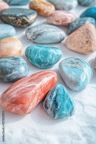 Colorful assortment of crystals and semi-precious stones including amethyst, turquoise, agate, flint, variscite, sodalite, jaspers, banded agate, carnelian, and more.