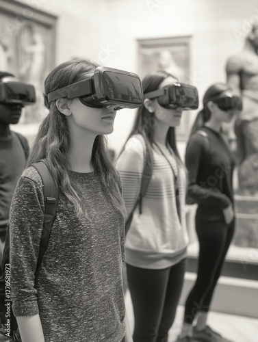 A group of friends wearing VR headsets at a museum, engrossed in the interactive exhibits.