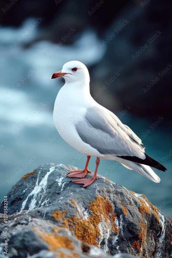 A sea bird sitting on a rock in the ocean, enjoying the view and the sound of waves crashing nearby.